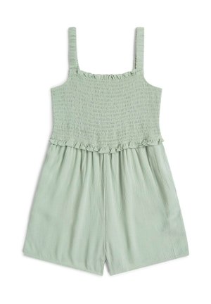 Šviesiai žalias kombinezonas su susmulkinta liemens dalimi, plonomis petnešėlėmis ir raukšlėta juosmens detale. Tekstūruota medžiaga su laisvai krentančiomis trumpomis kelnaitėmis.
