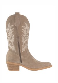 Suede kowbojskie buty w jasnobrązowym kolorze z białym haftowanym wzorem kwiatowym, zamek boczny, szpiczasty nos oraz pięta o warstwie.