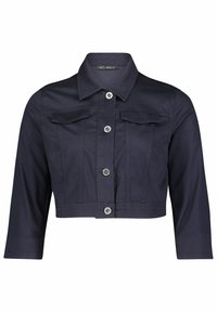 Kort mörkblå jacka med långa ärmar, knäppning framtill och två fickor på bröstet. Tillverkad av slitstarkt tyg med en slät textur.