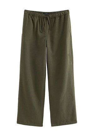 Pantalon large vert olive avec taille élastique et cordon de serrage à l’avant, présenté sur un fond blanc uni.