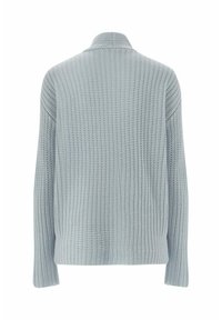 Helleblaue, gestrickte Pullover mit einem strukturierten Muster, einem Kragen und langen Ärmeln. Das Design ist locker geschnitten und hat einen geraden Saum.