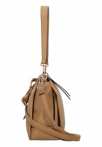 Tanfarbene Lederhandtasche mit strukturierter Form, ausgestattet mit einem oberen Griff und einem abnehmbaren Schultergurt. Beinhaltet Reißverschlusstaschen und goldfarbene Beschläge.
