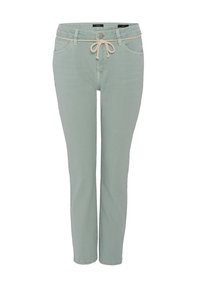 Pantalon slim vert clair avec poches avant, fermeture par boutons, passants pour ceinture et cordon beige noué à la taille.