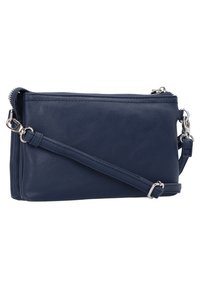Navy blauwe leren crossbody tas met een ritssluiting, gestructureerd oppervlak en verstelbare schouderband. Voorzien van zilveren hardware voor detail.