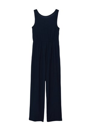 Ärmelloser marineblauer Jumpsuit mit weiter Beinweite, rundem Ausschnitt und gerafftem Taillendetail, auf weißem Hintergrund präsentiert.