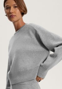 Grau gestrickter Pullover aus gemütlichem Material, mit Rundhalsausschnitt, gerippten Bündchen und lockerer Passform, minimalistischem Design und weicher Textur.