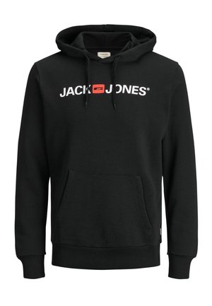 Black hoodie made of soft fabric, featuring a kangaroo pocket, hood with drawstrings, and a white logo "JACK & JONES" across the chest.