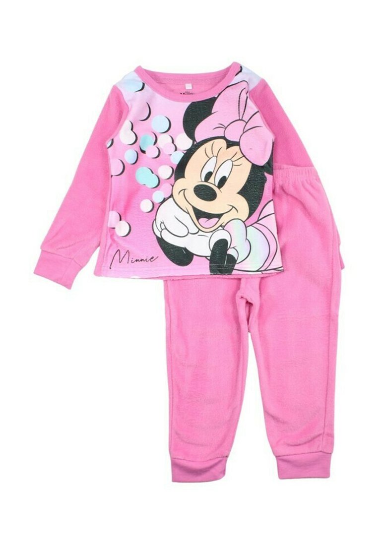 Ensemble de pyjama rose comprenant un haut à manches longues avec un motif imprimé de Minnie Mouse et des bulles ; texture douce ; pantalon rose assorti avec taille élastique.