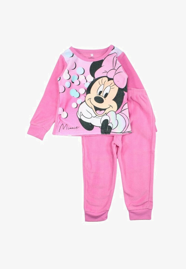 Ensemble de pyjama rose comprenant un haut à manches longues avec un motif imprimé de Minnie Mouse et des bulles ; texture douce ; pantalon rose assorti avec taille élastique.