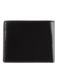 Portefeuille en cuir noir, design pliable, texture lisse, coutures blanches le long des bords, profil slim, sans marque ni embellissements visibles.