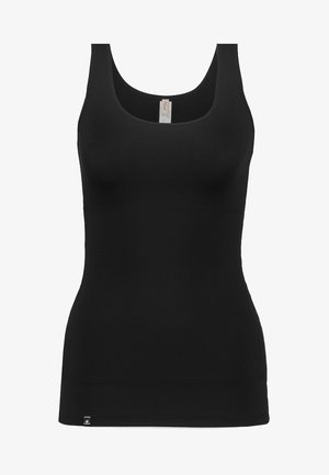 Black tank top made of smooth material, featuring a scoop neckline, fitted design, and a narrow hem. No visible logos or patterns.