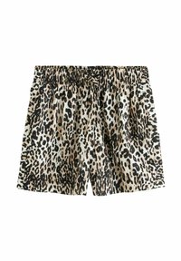 Shorts en imprimé léopard avec une taille élastique, présentant un fond beige avec des taches marron et noires, fabriqués en tissu léger.