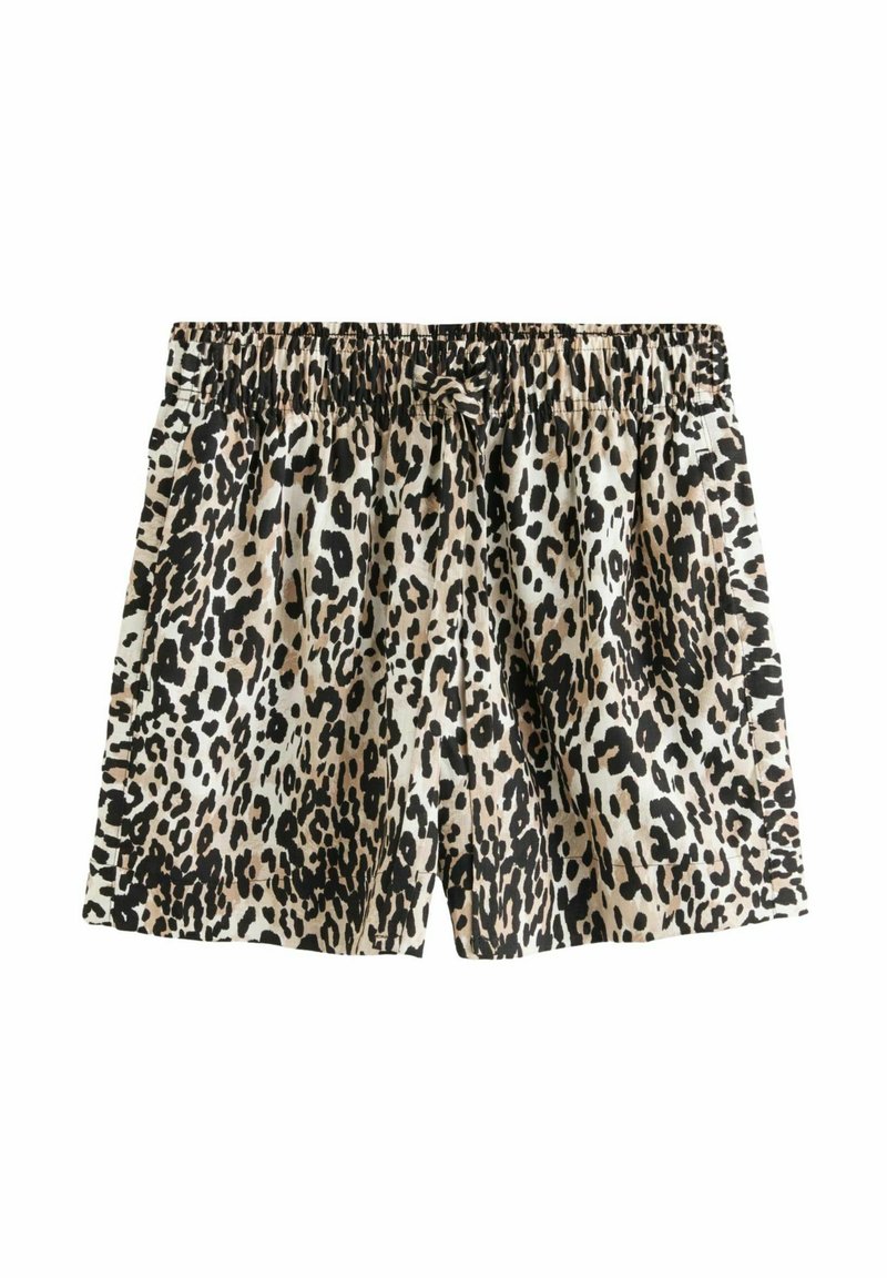 Shorts en imprimé léopard avec une taille élastique, présentant un fond beige avec des taches marron et noires, fabriqués en tissu léger.