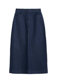 Jeanskjol i mörkblått, knälång med rak skärning. Har två sidofickor, knappstängning och synliga sömdetaljer.