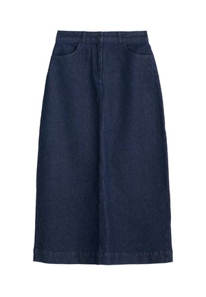 Gonna di jeans blu scuro, lunghezza al ginocchio con taglio dritto. Presenta due tasche laterali, chiusura con bottone e dettagli di cucitura visibili.