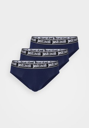 Męskie granatowe slipy wykonane z miękkiego materiału, z czarnym pasem w talii z białym logo "justcavalli", dopasowany krój.