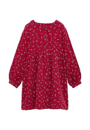 Czerwona, długi rękaw sukienka dla malucha z małym, białym i czarnym kwiatowym wzorem, okrągłym dekoltem, zapinana na guziki z przodu i marszczonym stanem.