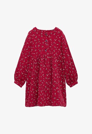 Vestido rojo de manga larga para niño pequeño, con pequeño estampado floral blanco y negro, cuello redondo, parte delantera con botones y cintura fruncida.