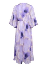 Purple dress with loose, flowing sleeves. Features an abstract pattern in dark purple and gold hues. Soft, lightweight fabric; knee-length design.