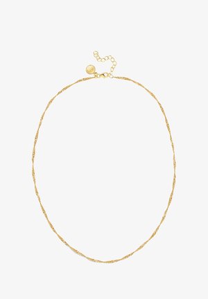 Twisted gold chain necklace with a delicate design, featuring a lobster clasp closure and an adjustable length for versatility.