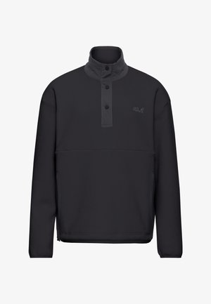 Zwarte fleece trui met hoge kraag, drieknopsbies en geborduurd logo. Heeft een gladde textuur en een losse pasvorm.