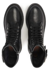 Black leather ankle boots with rounded toes, seven eyelet lace-up, side zippers, and a sturdy rubber sole. Smooth texture with minimal accents.