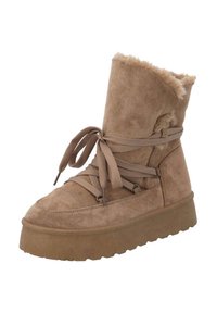 Braune Wildleder-Ankleboots mit strukturiertem Oberflächenmaterial, ausgestattet mit einem Schnürdesign und einer dicken Gummiplattformsohle. Futter aus Fell an der Oberseite.