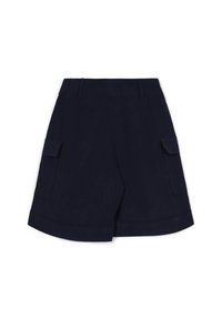 Pantaloni cargo blu navy con vita media, due tasche laterali e orlo piegato. Tessuto liscio, design casual, adatti per il clima caldo.