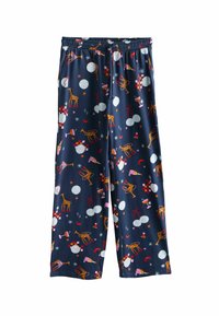 Marineblå pyjamasbukser med et legende mønster af giraffer, drinks og festlige elementer. Lavet af blødt stof og har en elastisk talje.
