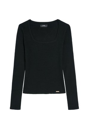 Czarny prążkowany top z długim rękawem i kwadratowym dekoltem oraz małą metką marki przy dolnym brzegu, leżący płasko na białym tle.