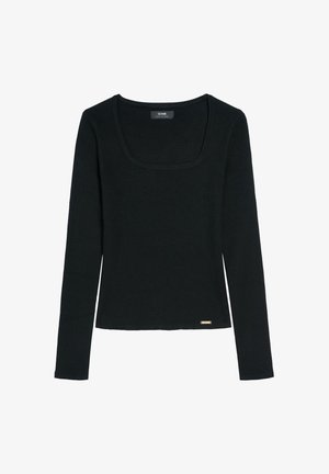 Czarny prążkowany top z długim rękawem i kwadratowym dekoltem oraz małą metką marki przy dolnym brzegu, leżący płasko na białym tle.