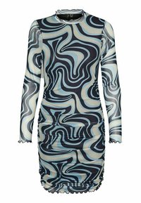 Robe à manches longues avec une silhouette ajustée, présentant des tourbillons abstraits bleus et crème sur fond noir. Ourlet et poignets volantés.