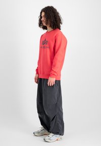 Felpa rossa con polsini a costine, con un logo nero sul petto. Abbinata a pantaloni scuri e larghi e sneakers chiare.