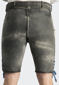 Lederbermuda mit einer dunkelgrauen Oberfläche, featuring einer strukturierten Oberfläche, seitlichen Schnürungen und einem Kordelzugbund. Robustes und figurbetontes Design.