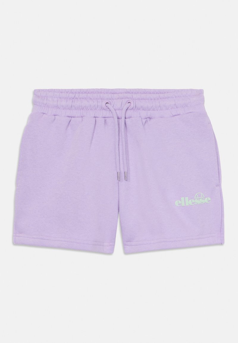 Lila katoenen shorts met een elastische tailleband, trekkoord en een klein groen logo op het rechter onderbeen. Soepele textuur en casual ontwerp.