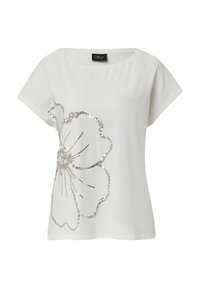 Witte korte mouwen T-shirt met een groot zilveren sequins bloemenontwerp op de voorkant. Glad materiaal, relaxte pasvorm en ronde halslijn.