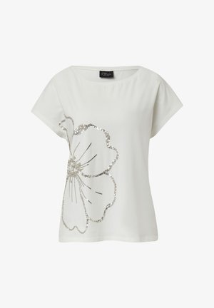 Weißes Kurzarm-T-Shirt mit einem großen silbernen Glitzerblumenmuster auf der Vorderseite. Glatte Stoffqualität, lockere Passform und runder Ausschnitt.