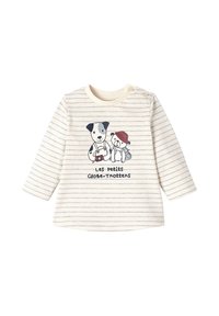 Gestreiftes langärmliges Shirt in Creme mit hellgrauen Streifen, das eine verspielte Grafik von zwei Cartoon-Tieren und den Text "Les petits Globe-Trotters" zeigt.