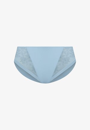 Ropa interior azul claro con un frente liso y laterales de malla translúcida con estampado floral, con un diseño de tiro bajo y bordes sin costuras.