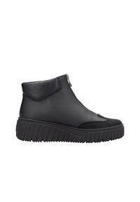 Bottines noires avec une tige en cuir lisse, des accents texturés et une fermeture éclair. Présente une semelle épaisse et striée pour plus de hauteur.