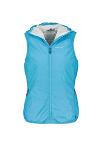 Lichtblauwe mouwloze vest met capuchon, voorzien van een rits aan de voorkant, ademend materiaal en contrasterende witte voering. Twee zijzakken.