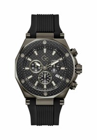 Czarny zegarek na gumowym pasku z ośmiokątną metalową kopertą, tarczą z włókna węglowego, srebrnymi znacznikami godzin i trzema sub-tarczami do funkcji chronografu.