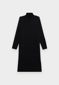 Abito nero lavorato a maglia con colletto alto a costine, maniche lunghe e silhouette dritta. Texture liscia, senza motivi o dettagli visibili.