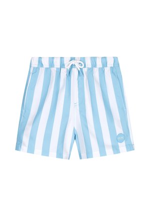Costumi da bagno a righe blu e bianche con vita elastica, cordoncino e tasche laterali. Presenta una patch con il logo nella parte bassa anteriore.