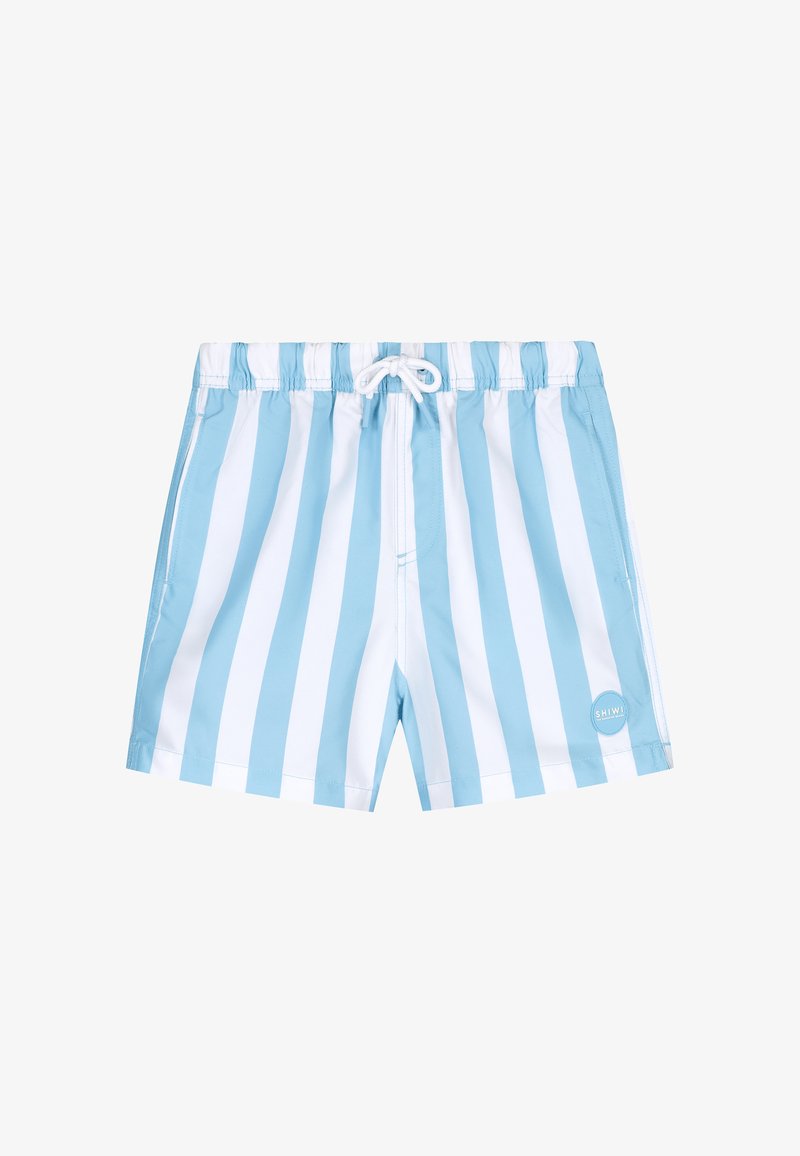 Modré a biele pruhované plavky s elastickým pásom, sťahovacou šnúrkou a bočnými vreckami. Na prednej dolnej časti je umiestnená nášivka s logom.