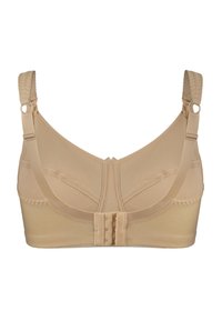 Beżowy biustonosz z szerokimi ramiączkami, miękką tkaniną i zapięciem na haftki. Charakteryzuje się gładką fakturą i brakiem wkładek, zaprojektowany dla komfortu i wsparcia.