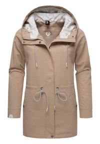 Bež vodoodporna jakna s kapuco, nastavljivi šnurek v pasu, dvema sprednjima žepoma in vzorčasto notranjo podlogo.