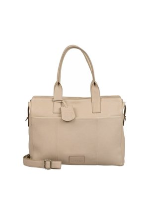 Borsa tote in pelle beige effetto graniglia, con doppio manico, tracolla removibile, chiusura con zip e logo a tag. Presenta dettagli di cucitura sottili.