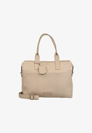 Borsa tote in pelle beige effetto graniglia, con doppio manico, tracolla removibile, chiusura con zip e logo a tag. Presenta dettagli di cucitura sottili.