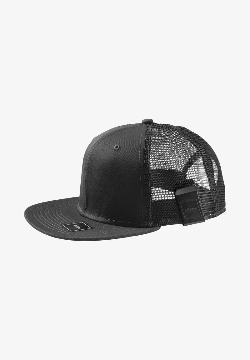 Black baseball cap with a solid front and mesh back, featuring a flat brim, a logo label on the front, and an adjustment strap on the back.